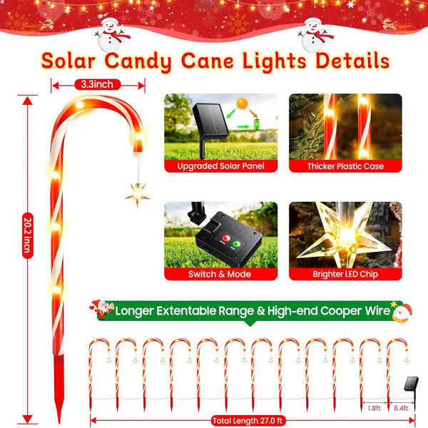 12/24PCS Solar Candy Cane Lights – 144LED, 8 Modes, Outdoor Christmas Decor