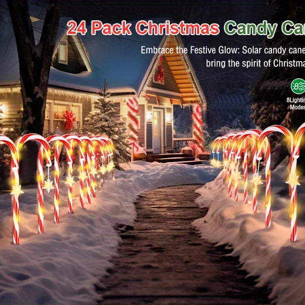 12/24PCS Solar Candy Cane Lights – 144LED, 8 Modes, Outdoor Christmas Decor
