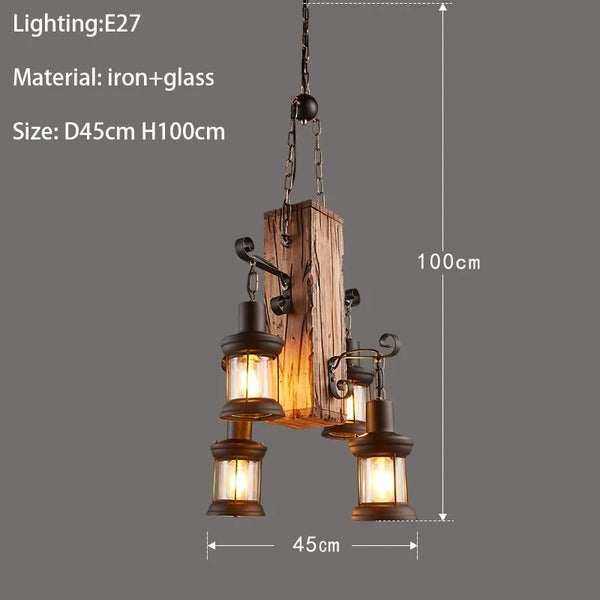 Retro industrial wood and iron pendant light with LED, pendant light with metallic sheen
