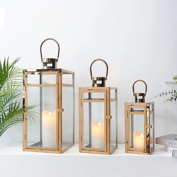 Set of 3 Stainless Steel Candle Lantern 19'' High Metal Candle Holder with Clear Glass Panels For Indoors Outdoors (Rose Gold)