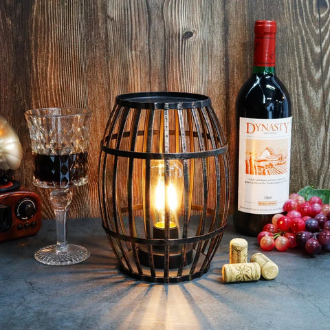 Decorative Battery Powered 8“H Cordless Metal Wine Barrel Lamp with 6-Hour Timer for Tabletop Home Patio(Black Brushed Gold)