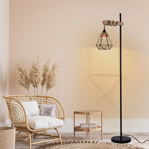 Retro smart floor lamp with rattan shade and extended power cord