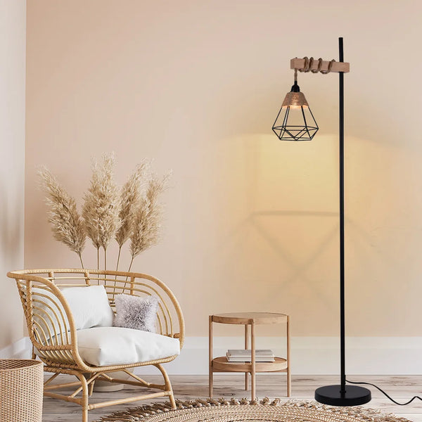 Retro smart floor lamp with rattan shade and extended power cord