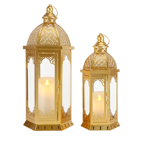 Set of 2 Decorative Candle Lanterns 22"&17" H Vintage Metal Candle Holderr(Gold)