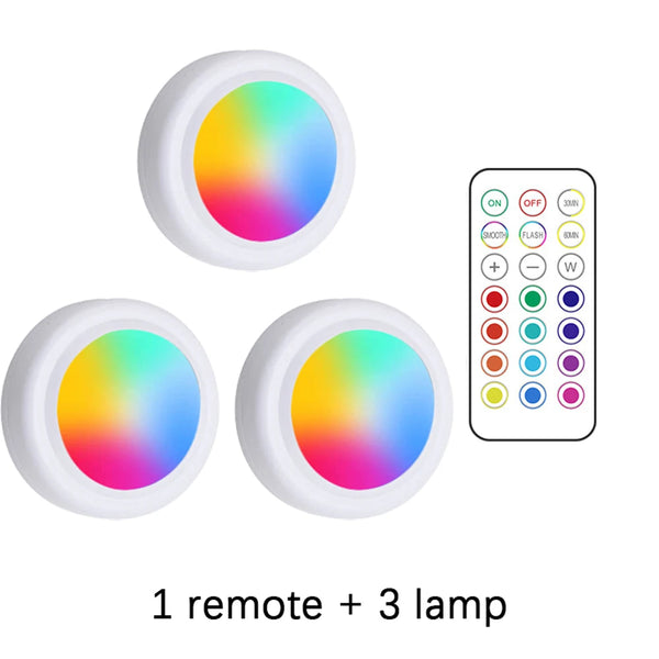 Wireless battery-powered LED lights with RGB colors for cabinets