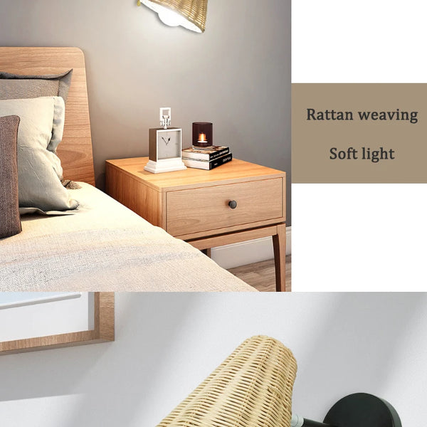 Retro Nordic rattan bedside wall lamps