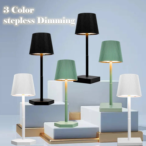 Rechargeable LED table lamp with touch switch and 3 levels of dimmable intensity.