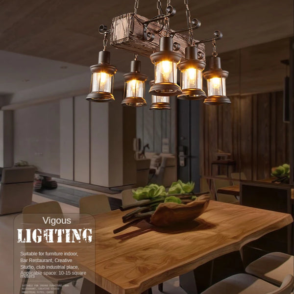 Retro industrial wood and iron pendant light with LED, pendant light with metallic sheen
