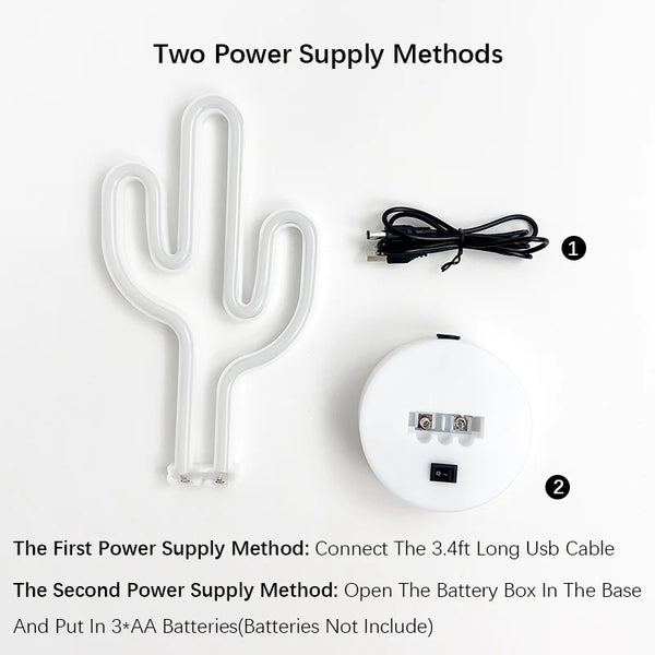 LED table lamp with cactus shaped neon lights, battery and USB powered