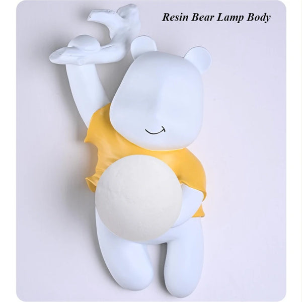 Bear shaped wall lamp, resin LED light with moon glass lampshade