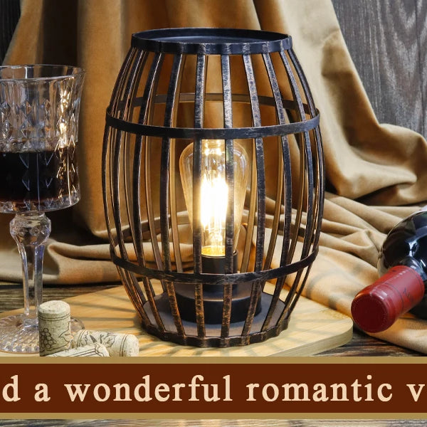 Decorative Battery Powered 8“H Cordless Metal Wine Barrel Lamp with 6-Hour Timer for Tabletop Home Patio(Black Brushed Gold)