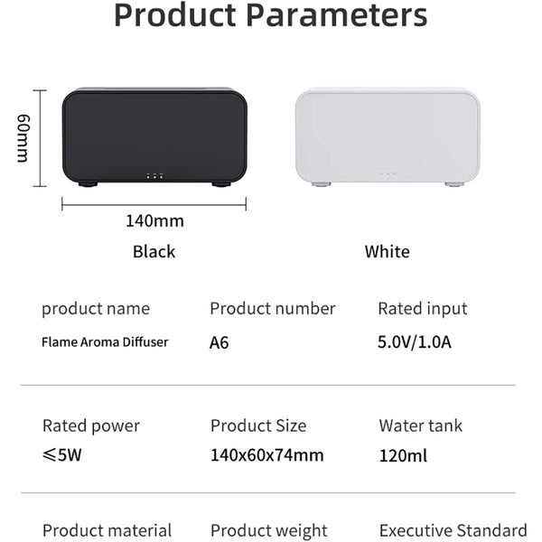 Air humidifier and aroma diffuser, essential oil humidifier, mini flame