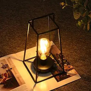 Retro Geometric Candle Holder Table Lamp Art Cordless Battery Operated Lamp Cage Wireless with 6-Hours Timer Home Decor