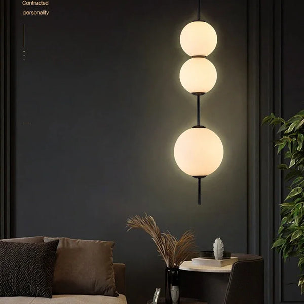 Modern LED pendant light with white glass sphere, interior decoration accessory