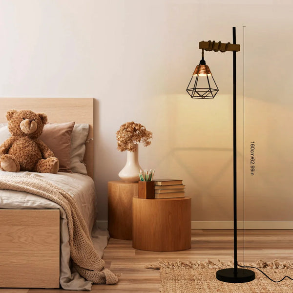Retro smart floor lamp with rattan shade and extended power cord